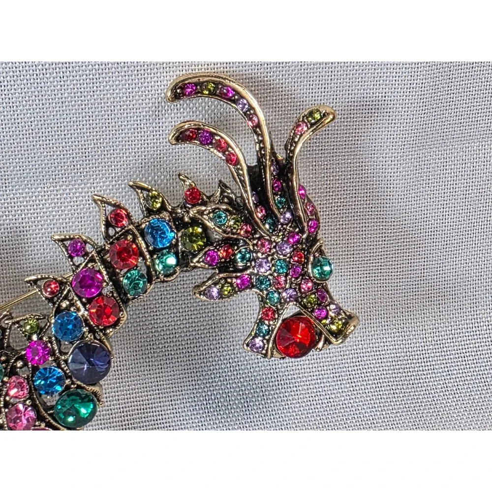 Multicolor Rhinestone Dragon Brooch Antique‎ Gold Tone Crystal Mythical Pin 4 In
